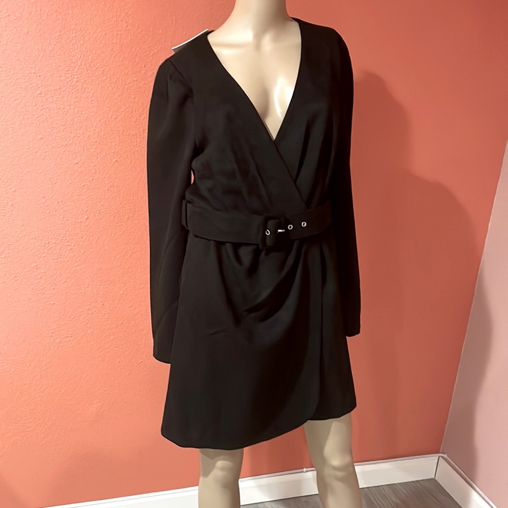 New JASON WU Faux Suede Long Sleeve Belted Wrap Dress Black Size Medium
